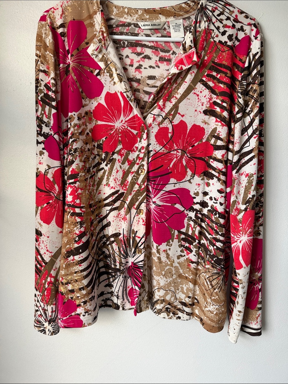 Laura Ashley Fuchsia Floral Button-Down Long Sleeve Shirt SZ M